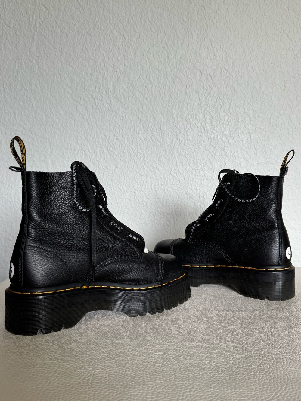 US Women’s 8 - Dr. Martens x Lazy Oaf Happy Sad Black Leather Platforms - Picture 4 of 13